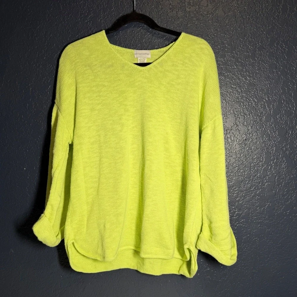 Soft Surroundings V-Neck Sweater Medium Neon Green Knit Top - Picture 1 of 3